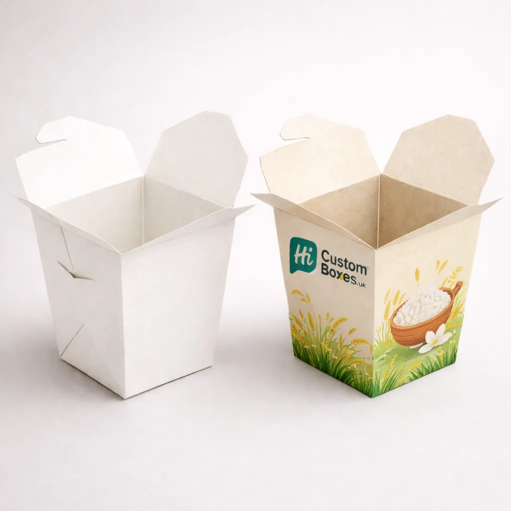 Two cardboard noodle-style take-away boxes, one plain white and one printed with a rice field design. class=